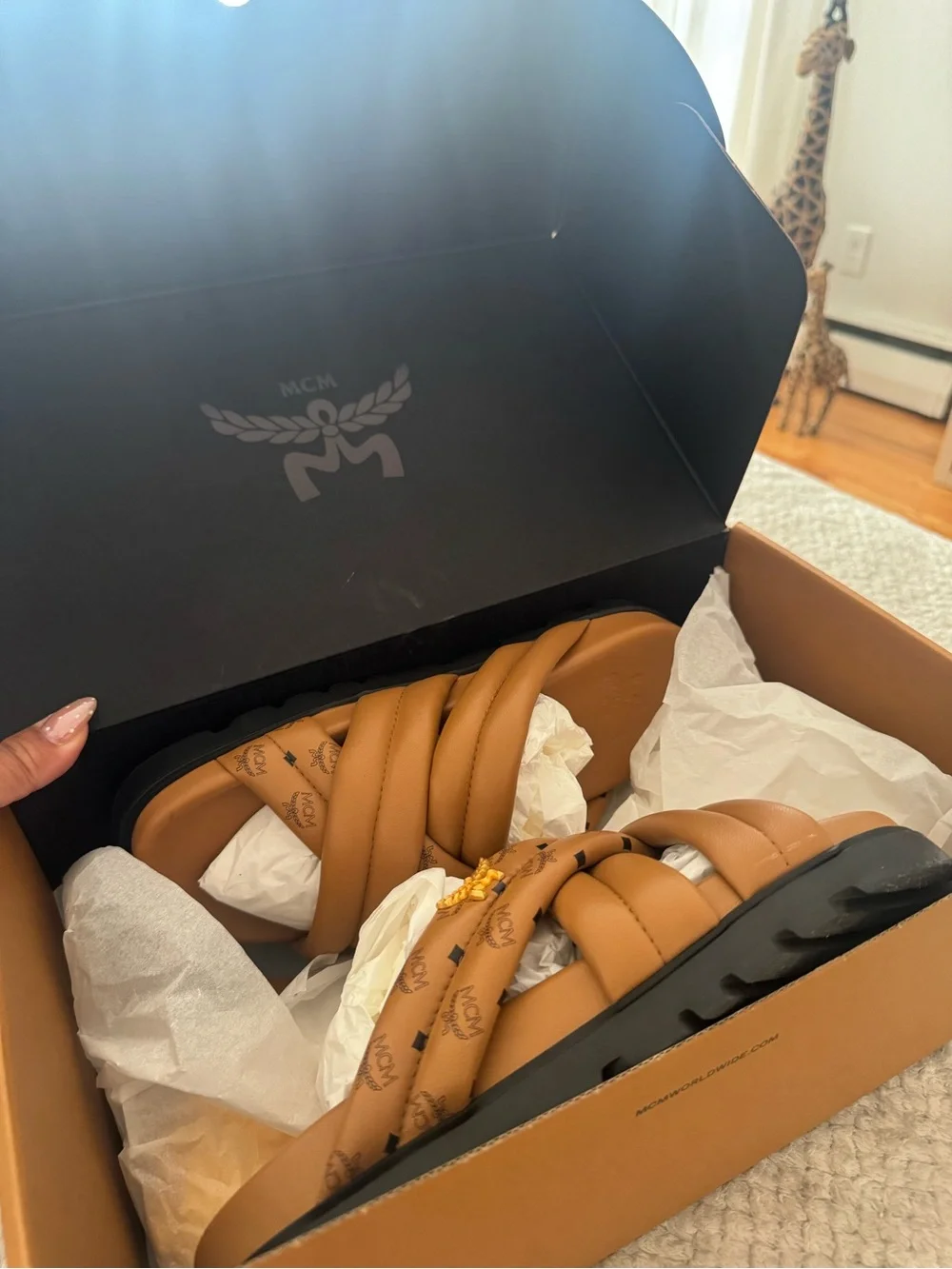 MCM Cognac Quilted Logo Slide Sandals with Black Sole and Gold Accent